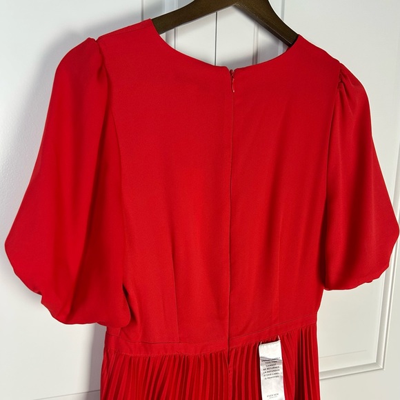 EVERNEW - Charlotte Red Puff Sleeve Pleated Midi Dress - Picture 5 of 14